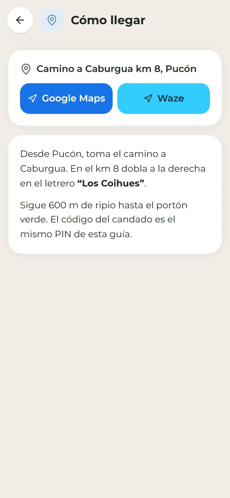 Cómo llegar: Botones a Google Maps y Waze, con tus indicaciones.