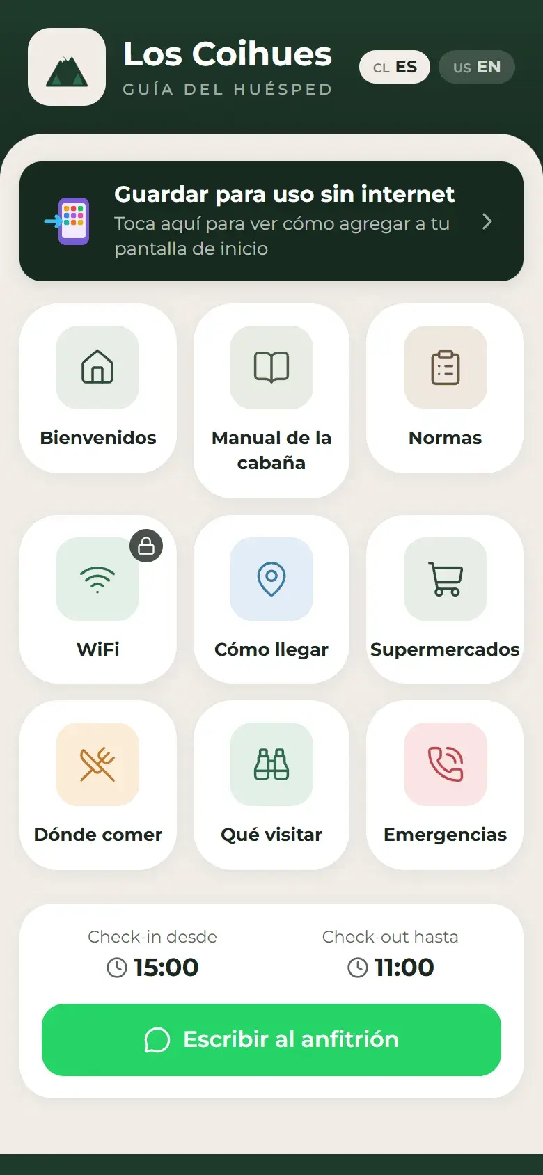 Todo en una pantalla: WiFi, normas, cómo llegar y tus recomendados.